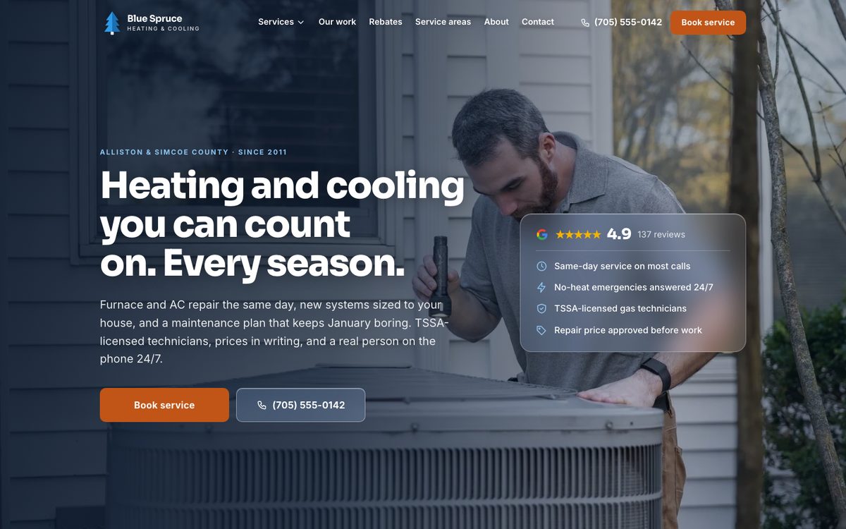Blue Spruce Heating & Cooling website on a laptop
